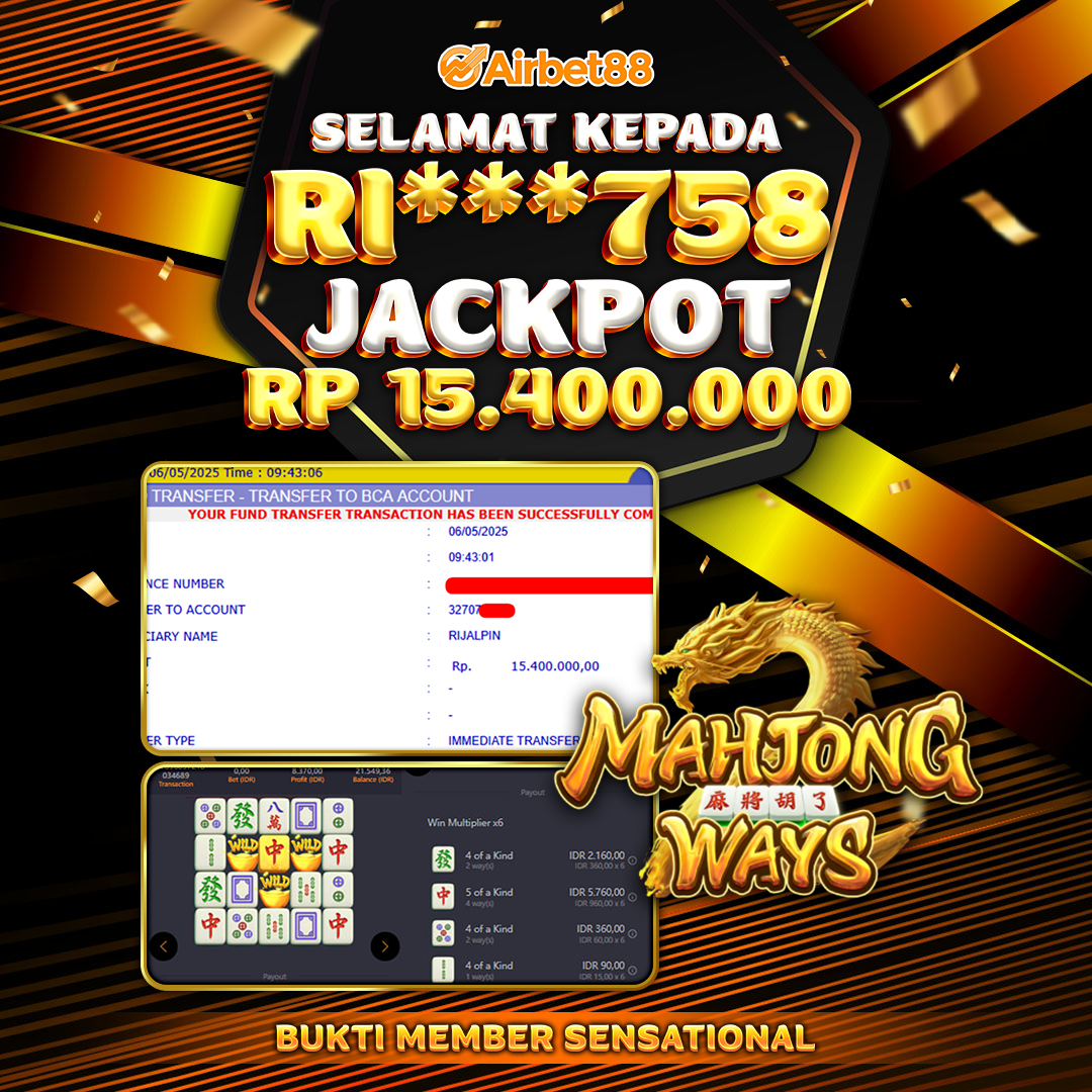 AIRBET88 BUKTI JACKPOT MAHJONG WYAS Rp 15.400.000 ,-  LUNAS!