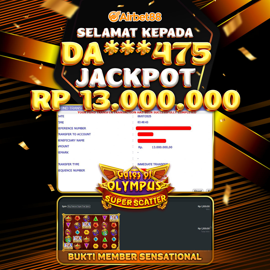 AIRBET88 BUKTI JACKPOT GATES OF OLYMPUS SUPER SCATTER Rp 13.000.000 ,-  LUNAS!