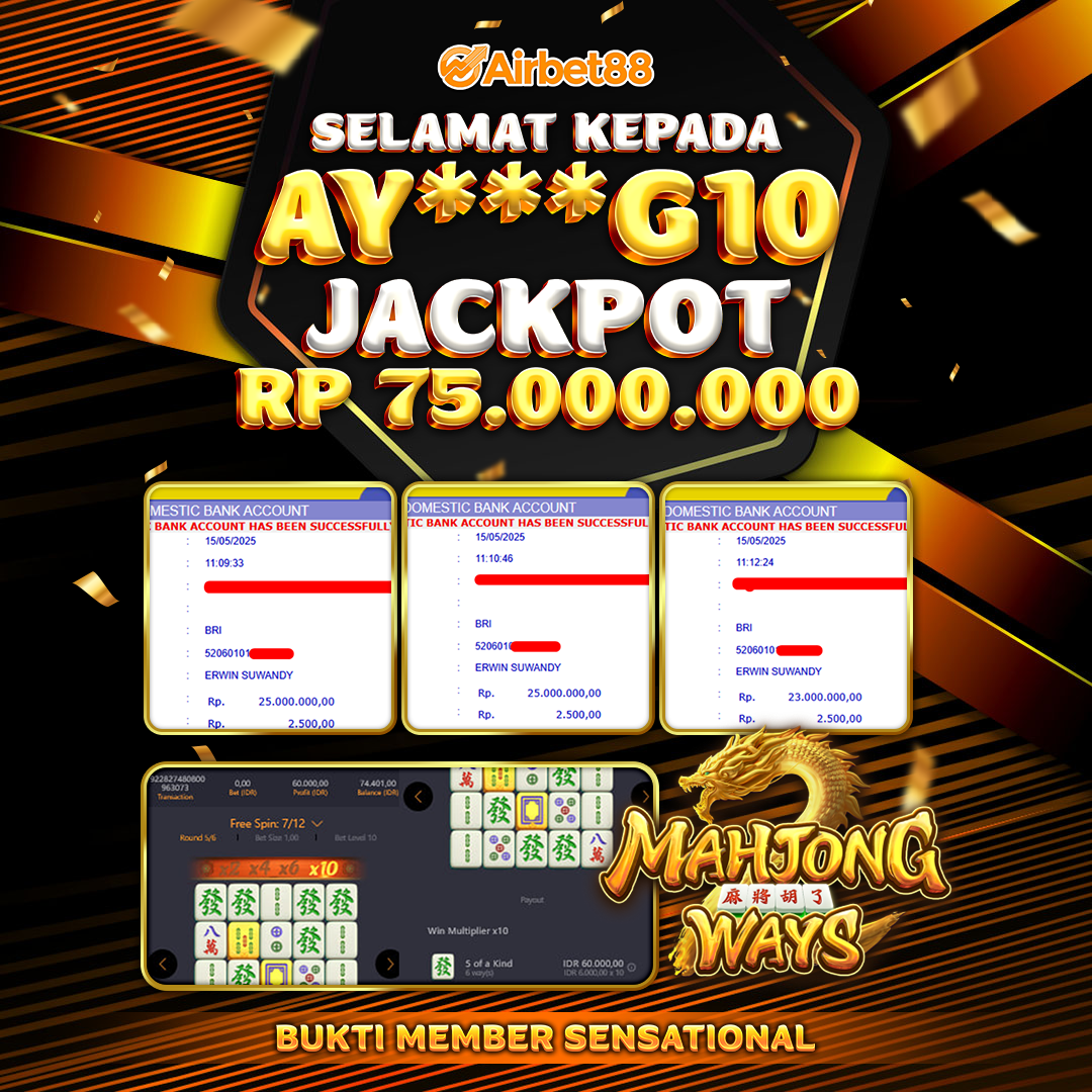 AIRBET88 BUKTI JACKPOT MAHJONG WAYS Rp 75.000.000 ,-  LUNAS!