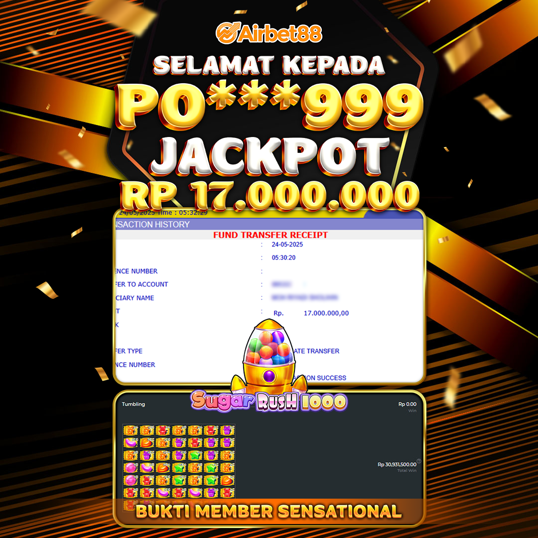 AIRBET88 BUKTI JACKPOT SUGAR RUSH 1000 Rp 17.000.000 ,-  LUNAS!