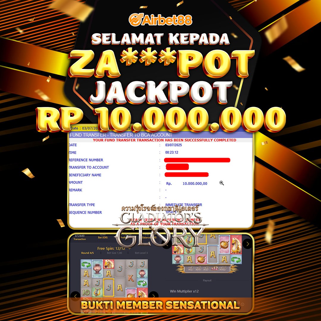 AIRBET88 BUKTI JACKPOT GLADIATOR&#039;S GLORY Rp 10.000.000 ,-  LUNAS!