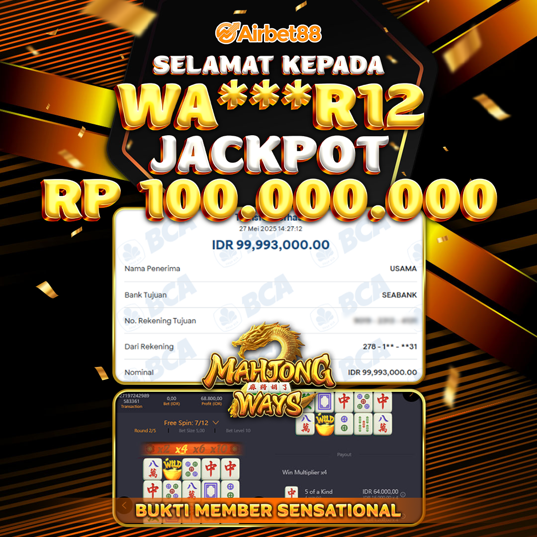 AIRBET88 BUKTI JACKPOT MAHJONG WAYS Rp 100.000.000 ,-  LUNAS!