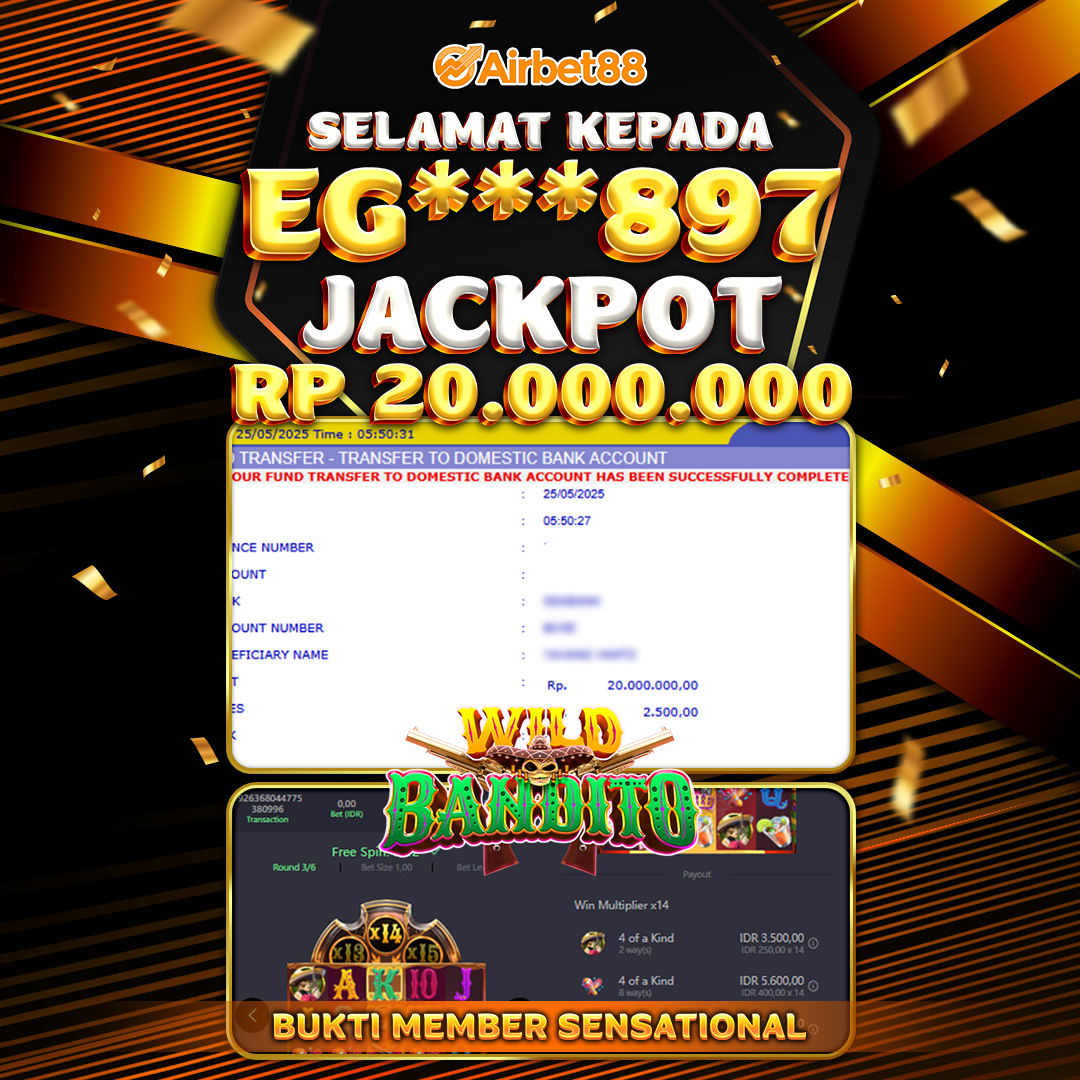 AIRBET88 BUKTI JACKPOT WILD BANDITO Rp 20.000.000 ,-  LUNAS!