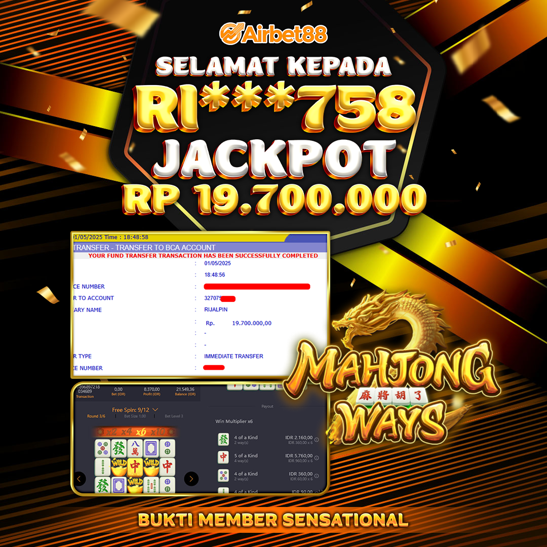 AIRBET88 BUKTI JACKPOT MAHJONG WAYS Rp 19.700.000 ,-  LUNAS!