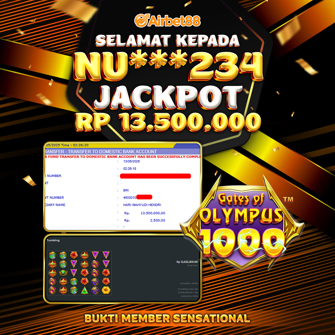 AIRBET88 BUKTI JACKPOT GATES OF OLYMPUS 1000 Rp 13.500.000 ,-  LUNAS!