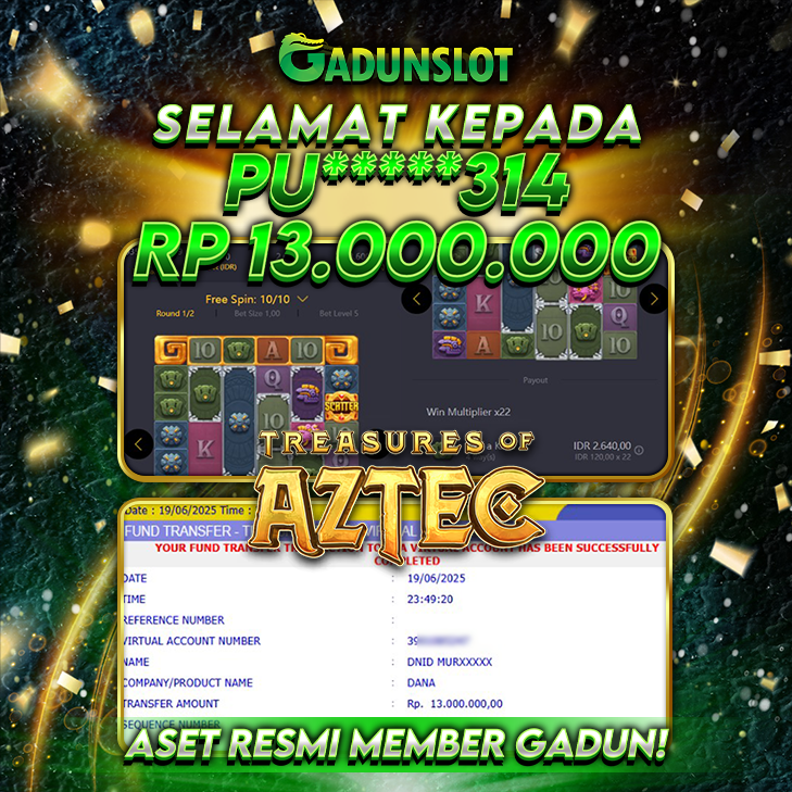 GADUNSLOT JACKPOT SLOT  TREASURES OF AZTEC Rp 13.000.000., LUNAS
