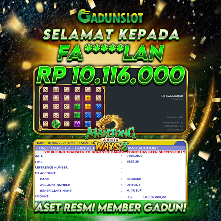 GADUNSLOT JACKPOT SLOT  MAHJONG WAYS 2 Rp 10.116.000., LUNAS